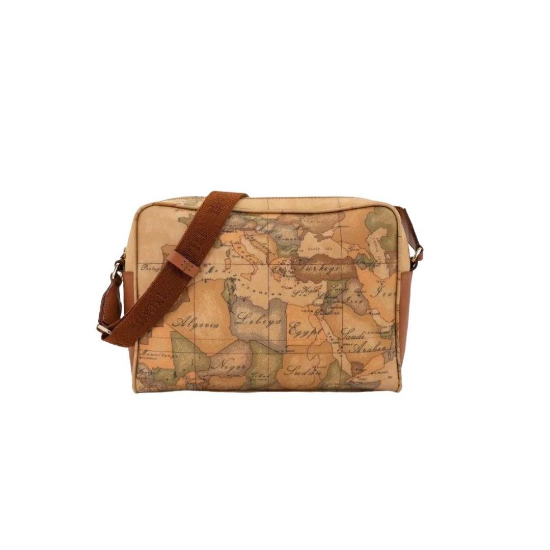 Borsa a Tracolla Media in Pelle Naturale e Tessuto Goffrato Geo Classic