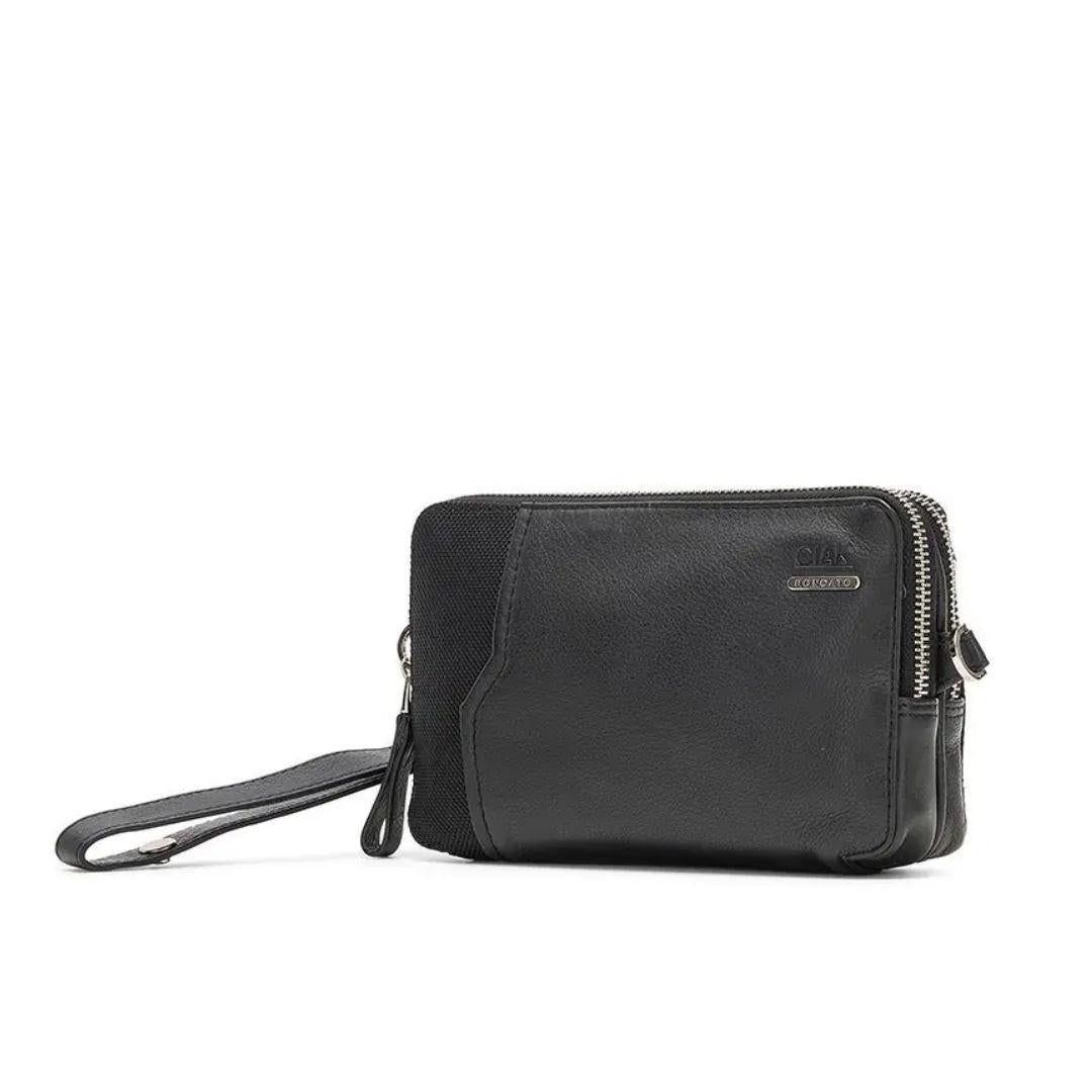 Pochette Doppia Zip Pelle E Nylon