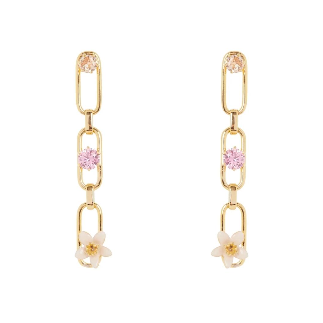Orecchini catena, mini fiore e cristalli Hanami