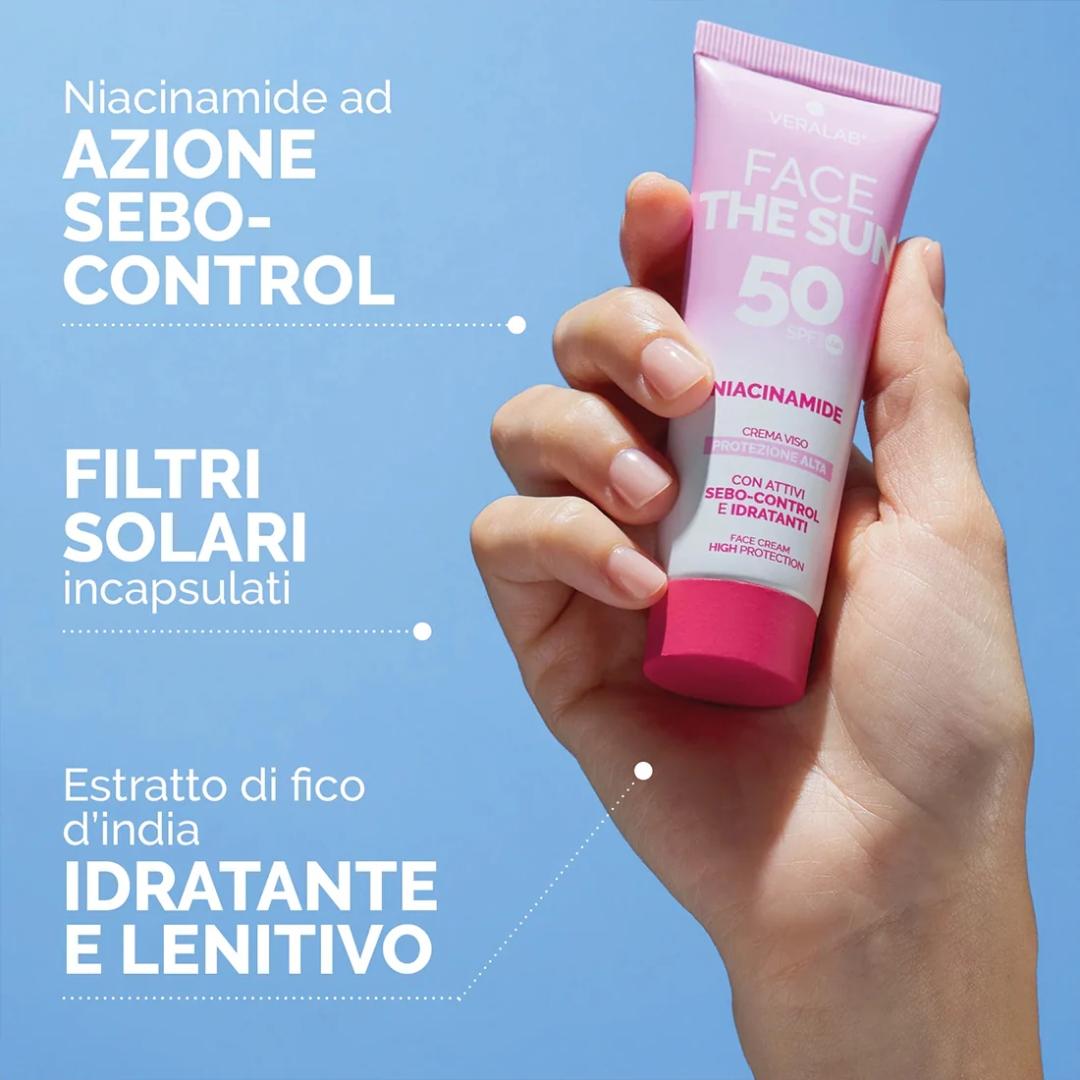 FACE THE SUN NIACINAMIDE Crema viso SPF50 con attivi sebo-control e idratanti