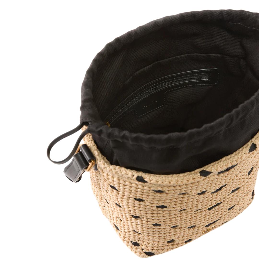 Borsa a tracolla piccola Bucket Mini in rafia con motivo chevron